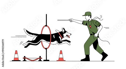 Illustration of an agile dog expertly jumping through a hoop on an obstacle course, guided by a trainer, showcasing canine discipline, athleticism, and dynamic pet sports