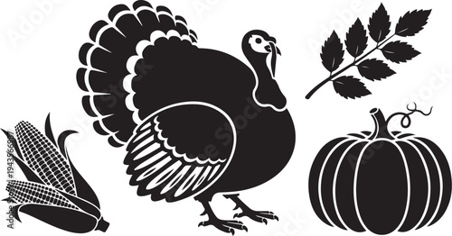 Black and white Thanksgiving icons with turkey and vegetables