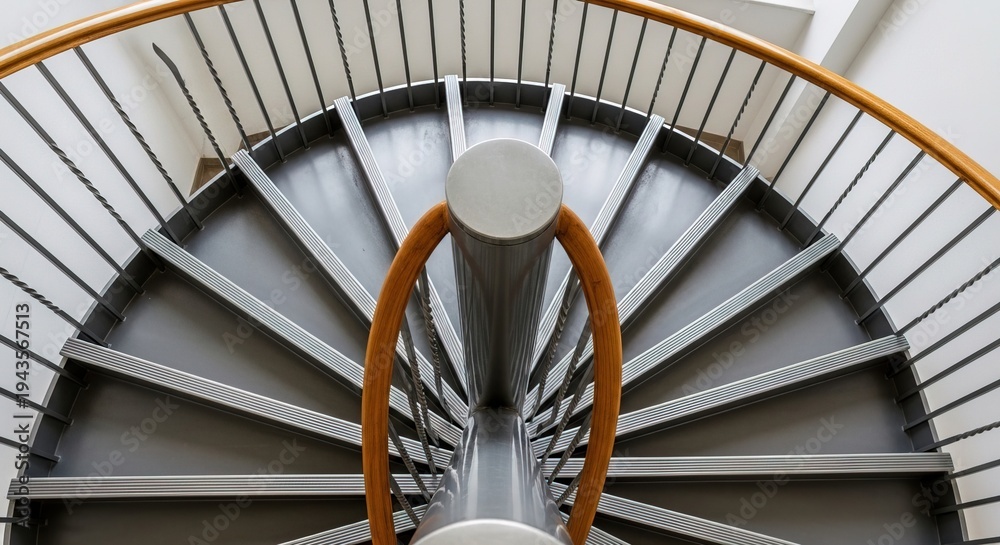 Fototapeta premium Modern spiral staircase with wooden handrail ascending in minimalist architectural interior with natural light