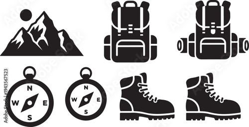 Hiking and outdoor adventure icons and travel symbols set