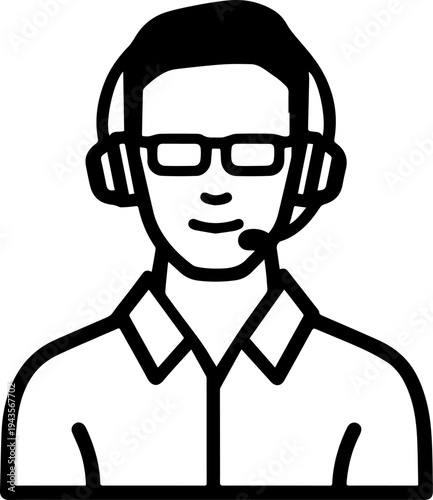 Hand Drawn Male Customer Service Agent Black and White Avatar Illustration in Minimal Line Art Style Design