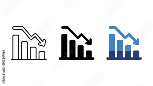 A set of three minimalist financial chart icons showing downward trends
