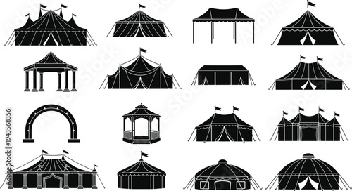 Circus tent silhouette illustration set with carnival marquee pavilion gazebo dome festival tents isolated black vector collection