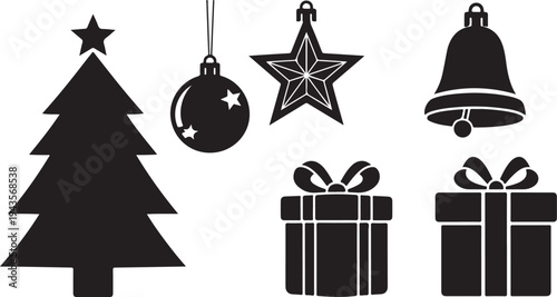 Black Christmas icons on white background festive holiday symbols