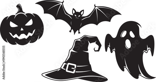 Halloween icons including pumpkin, bat, ghost, and witch hat