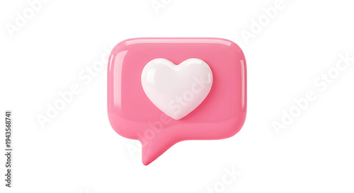 3D Pink Speech Bubble with White Heart Icon - Social Media Love Notification & Like Button Vector Illustration