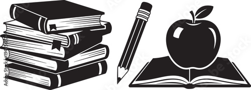 Education icons with books, apple and pencil illustration
