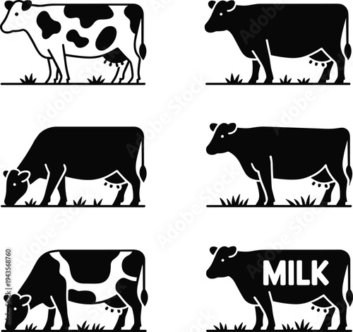 Cow silhouette icons set, dairy cattle grazing poses collection, milk production farm animal symbols pack, agriculture livestock graphics, cad drawing flat vector illustration