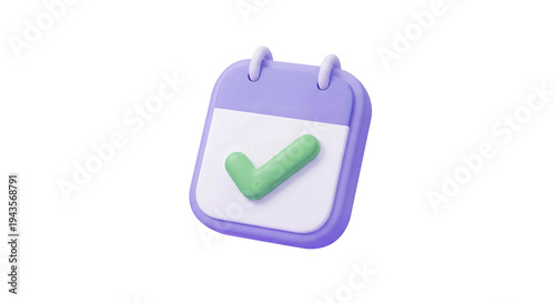 3D Purple Calendar Icon with Green Checkmark - Schedule, Task Reminder & Appointment Vector Illustration