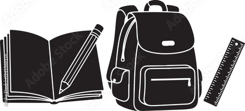 School Supplies Icon Set with Backpack and Stationery Items