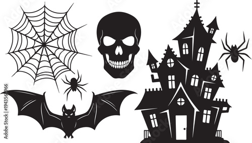 Halloween icons including haunted house and spooky creatures symbols