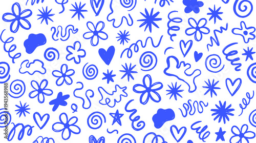 Playful Hand Drawn Blue Doodle Pattern