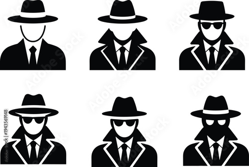 Detective spy silhouette icons set, secret agent noir characters collection, mystery investigation figures pack, black suit hat symbols, cad drawing flat vector illustration