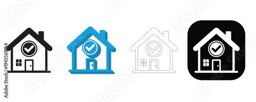 Home Verification Icon Set, House Check Mark Symbol, Property Approval and Real Estate Validation Vector Icons