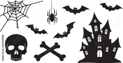 Halloween icons including spooky castle and bats flying high