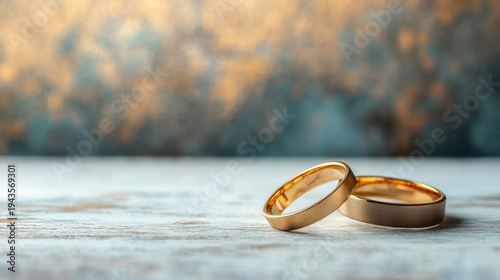 gold ring on white table on wedding backgound with copy space
