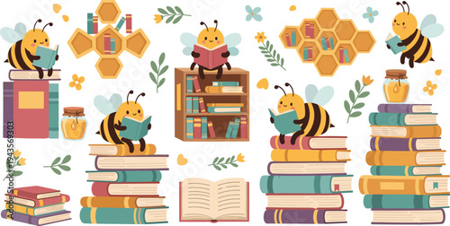 Cute Cartoon Bees Reading Books in Library Vector Illustration Set with Honeycomb Shelves, Book Stacks, Honey Jars, Flowers, and Educational Nature Elements