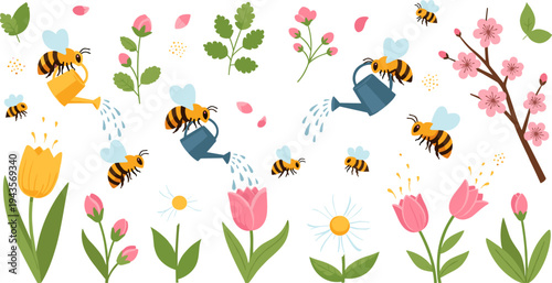 Cute Cartoon Bees Watering Spring Flowers Vector Illustration Set with Tulips, Daisies, Watering Cans, Blossoms, and Whimsical Garden Nature Elements