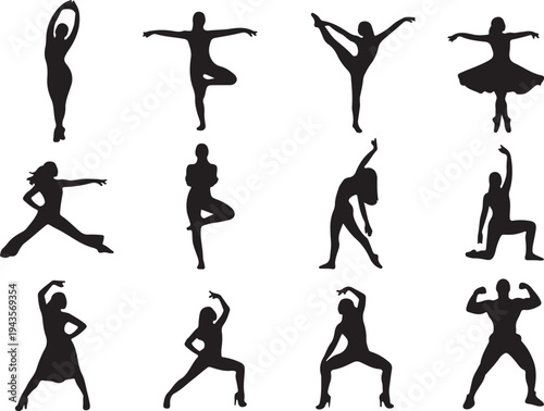 Vector Silhouette Collection of Modern Dancers, Yoga Practitioners, and Fitness Poses in Expressive Movement
