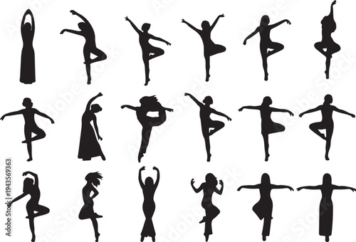 Vector Silhouette Collection of Modern Dancers, Yoga Practitioners, and Fitness Poses in Expressive Movement
