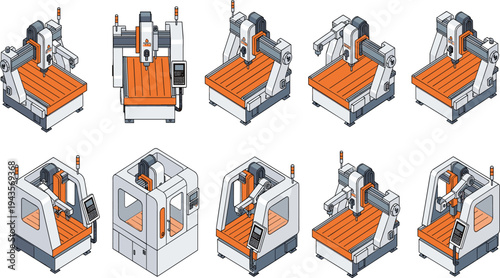 Isometric CNC milling machine set with industrial router equipment and automated manufacturing technology, precision engineering factory machinery vector illustration collection