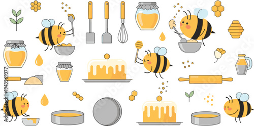 Cute Cartoon Honey Bee Baking and Honey Production Illustration Set with Beehive, Honey Jar, Kitchen Tools, Cake, Honey Drips, and Sweet Dessert Elements