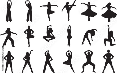 Vector Silhouette Collection of Modern Dancers, Yoga Practitioners, and Fitness Poses in Expressive Movement
