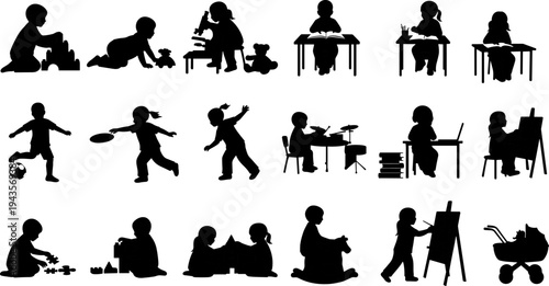 Kids activity silhouette collection, children learning playing studying and painting poses set isolated on white background illustration for education design