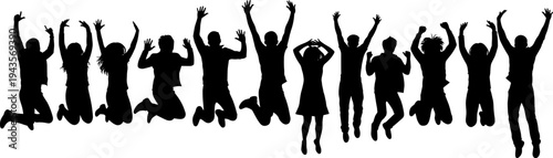 Jumping people silhouettes set with excited men and women raising hands, black isolated crowd figures for celebration, party and success concept