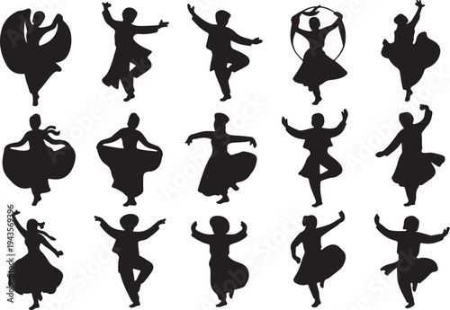 Vector Silhouette Collection of Traditional Folk Dancers, Ethnic Performance Poses, and Cultural Dance Groups