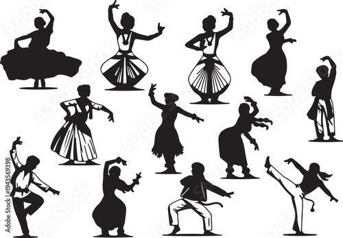 Vector Silhouette Collection of Traditional Folk Dancers, Ethnic Performance Poses, and Cultural Dance Groups