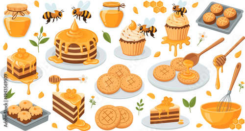 Cute Honey Dessert and Baking Vector Illustration Set with Honey Bees, Cakes, Cupcakes, Cookies, Honey Jars, Honeycomb, Kitchen Tools, and Sweet Dripping Honey