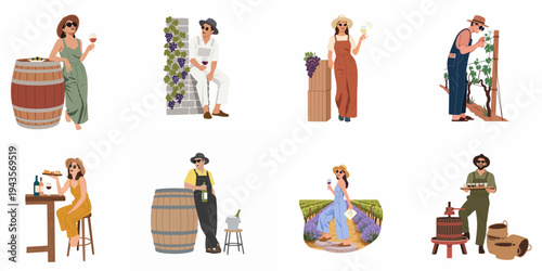 Flat vector illustrations of characters enjoying wine culture, including wine tasting, vineyard tours, and harvesting grapes.
