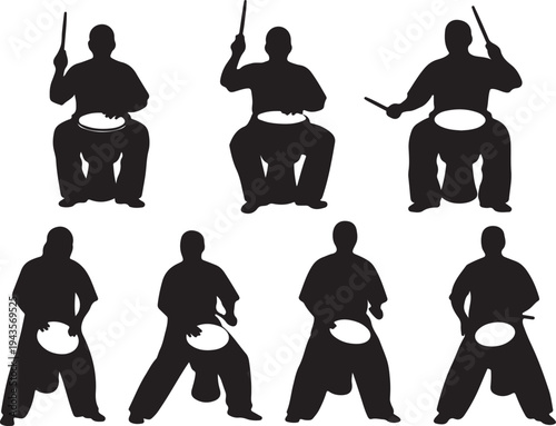 Vector Silhouette Set of Traditional Drummers and Percussionists in Seated and Standing Performance Poses