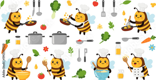 Cute Cartoon Bees Cooking and Baking Vector Illustration Set with Chef Hats, Frying Pan, Vegetables, Kitchen Utensils, Pots, and Whimsical Food Preparation Scene