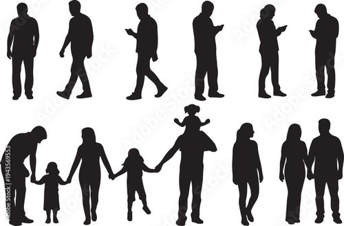 Vector Silhouette Collection of Diverse People Including Businessman, Pregnant Woman, and Individuals in Casual Standing Poses
