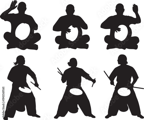 Vector Silhouette Set of Traditional Drummers and Percussionists in Seated and Standing Performance Poses