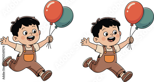 Cheerful cartoon illustration of a young boy jumping joyfully while holding two colorful balloons on white background