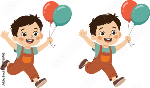 Cheerful cartoon illustration of a young boy jumping joyfully while holding two colorful balloons on white background