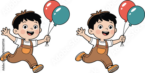Cheerful cartoon illustration of a young boy jumping joyfully while holding two colorful balloons on white background