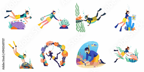 Set of flat vector illustrations depicting various people snorkeling and exploring coral reefs, marine life, and underwater environments with snorkeling gear.