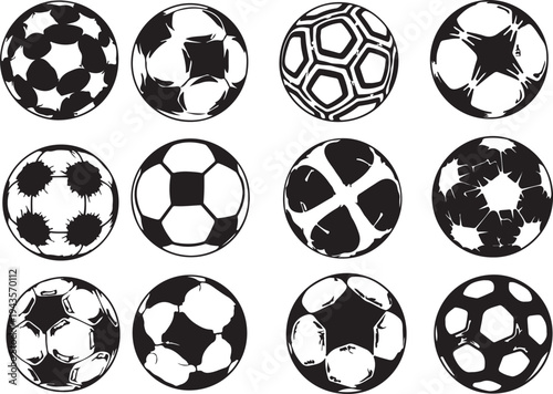 Vector Silhouette Collection of Soccer Balls with Diverse Football Pattern Designs and Geometric Sports Icons
