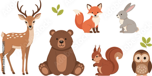 Woodland Forest Animal Collection Featuring Deer Bear Fox Rabbit Squirrel and Owl for Cute Childrens Nature Wildlife Design