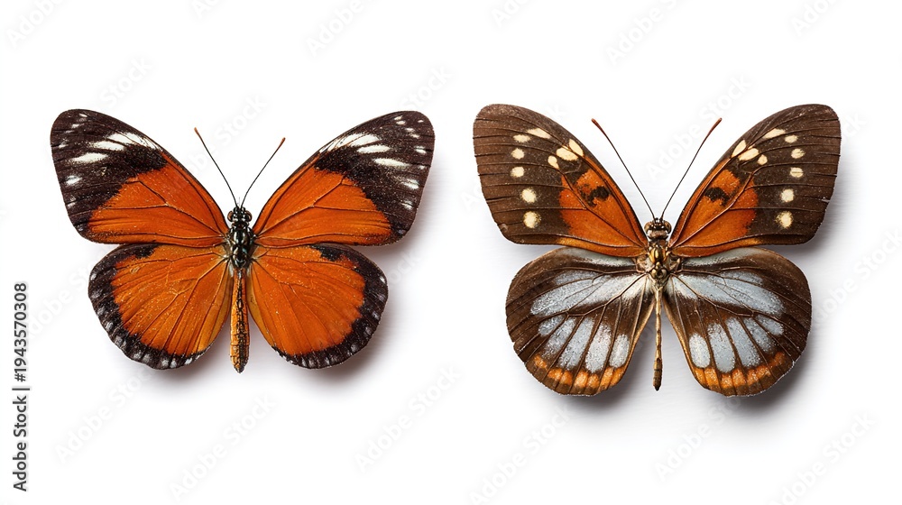 Obraz premium Two colorful butterflies with orange, black, and white wings on white background