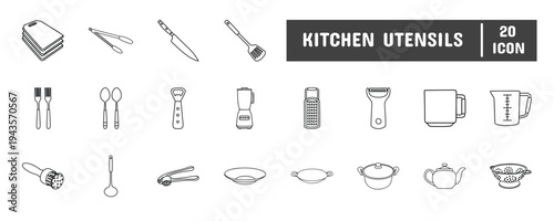 20 Kitchen Utensils Line Icon Illustration Set