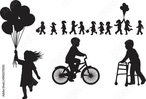 Vector Silhouette Collection of Children Playing with Balloons, Kids on Bicycles, and Elderly Person with Walker in Intergenerational Group Poses