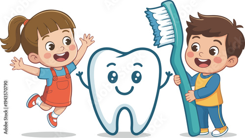 Friendly cartoon dental hygiene illustration with smiling tooth character, children holding toothbrush, promoting oral care and healthy habits