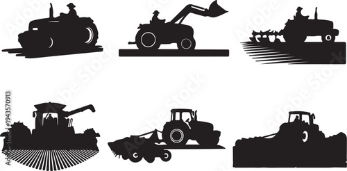 Vector Silhouette Collection of Agricultural Machinery, Farm Tractors, Combine Harvesters, and Heavy Duty Industrial Equipment
