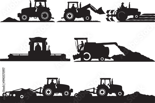 Vector Silhouette Collection of Agricultural Machinery, Farm Tractors, Combine Harvesters, and Heavy Duty Industrial Equipment
