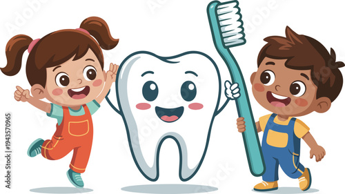 Friendly cartoon dental hygiene illustration with smiling tooth character, children holding toothbrush, promoting oral care and healthy habits